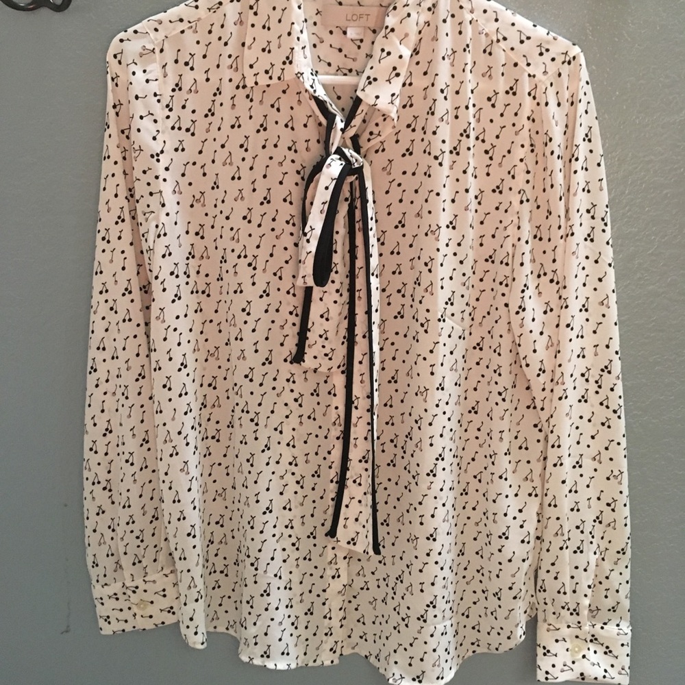Loft women white top with black cherry prints